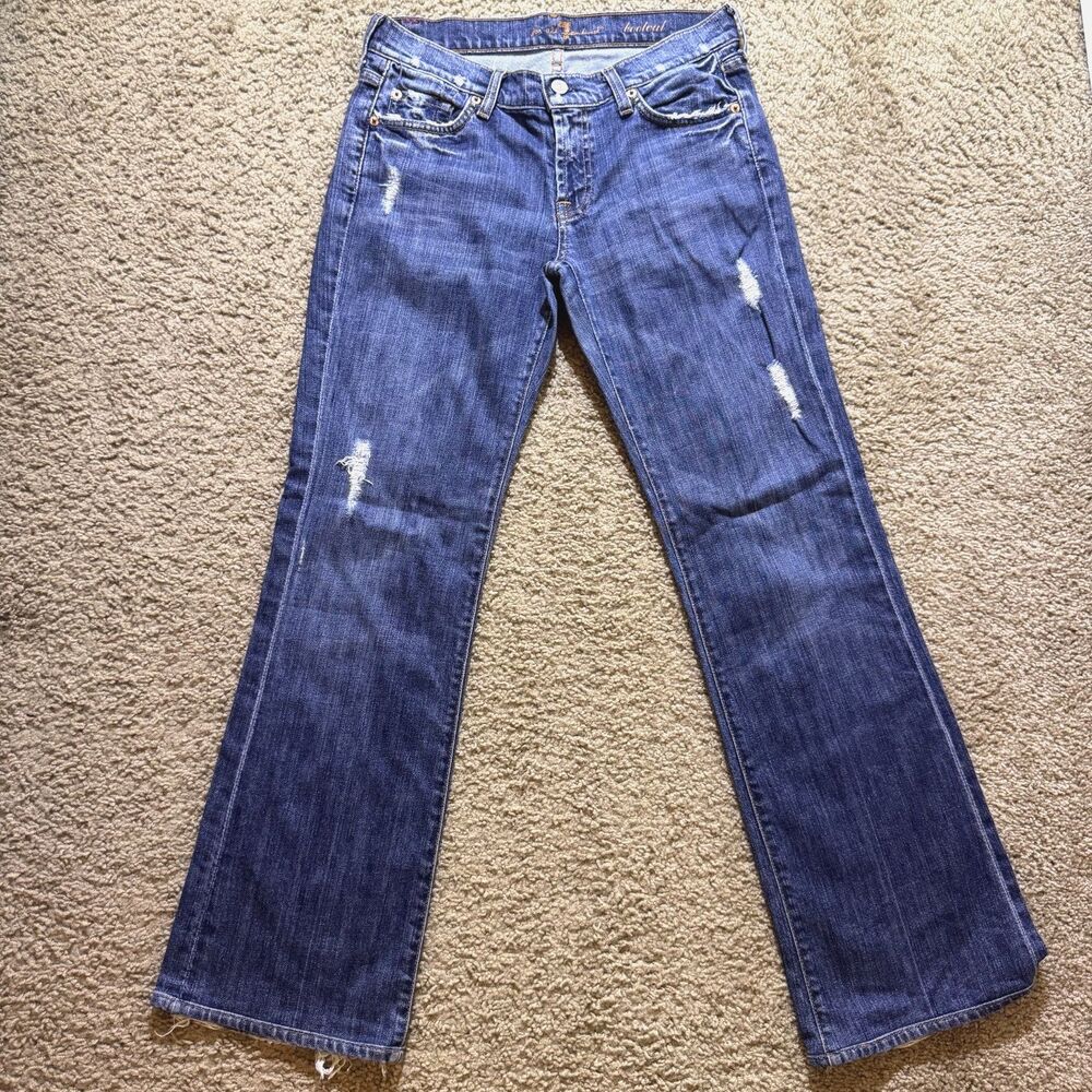 7 For All Mankind Women’s Jeans 28 Distressed Bootcut Blue Denim Stretch Raw Hem